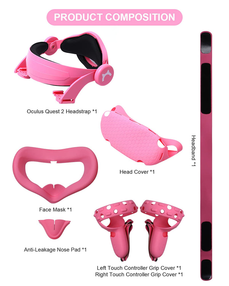 VR Adjustable Head Strap for Oculus Quest 2 Skins Cute Accessories with Silicone Touch Controller Grip Cover,Barbie Pink 6 in1 VR Shell Protector Cover & VR Face Cover Replacement Set Pink 2
