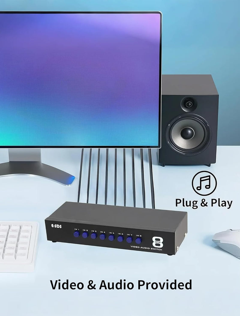 [AUSTRALIA] - E-SDS 8-Way RCA Switch AV Switcher 8 in 1 Out Composite Video L/R Audio Selector Box for DVD STB Game Consoles 