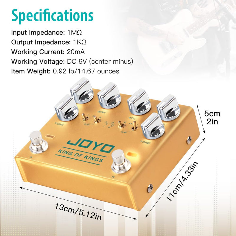 JOYO Dual Crunch Pure Analog Circuit Overdrive Effect Pedal with Independent Clipping for Electric Guitar - True Bypass (King of Kings R-20) Overdrive,Crunch,Analog Gold