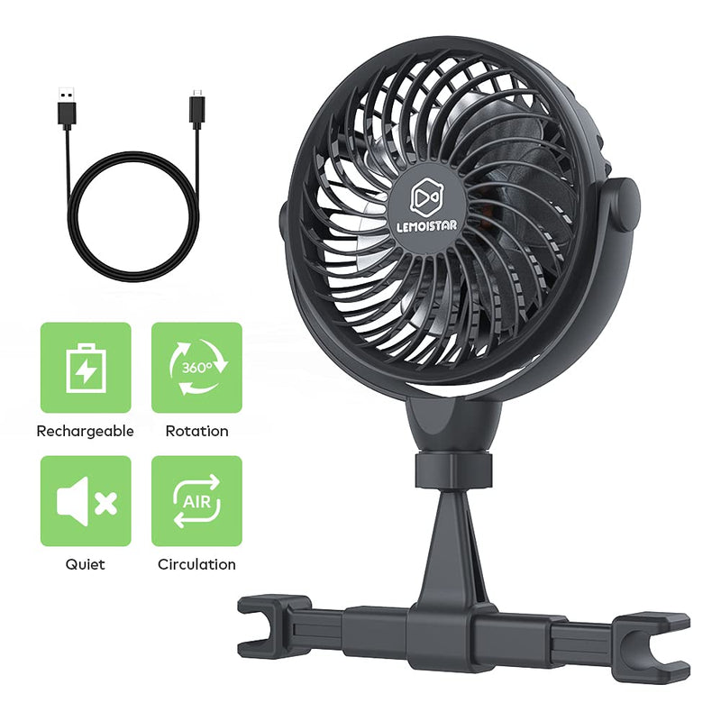 Retractable Portable Car Fans with 4 Speeds for Headrest and Rear Seat, Small Cooling Vehicle Air Fan, Quiet Operation, Rechargeable, Battery Operated,360 Degree Rotatable USB Fan for Baby, Puppy, SUV Black-Retractable