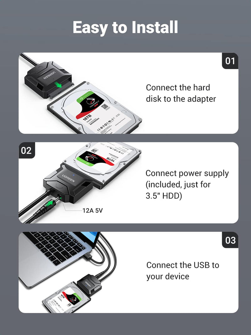 UGREEN SATA to USB 3.0 Adapter Cable for 3.5 2.5 Inch SSD HDD SATA III Hard Drive Disk Converter Support UASP Compatible with Samsung Seagate WD Hitachi Toshiba with 12V Power Adapter