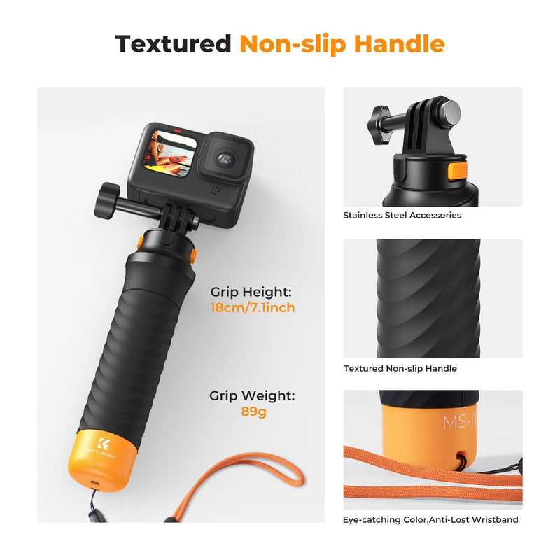 K&F Concept Waterproof Floating Hand Grip, Fast-Release Design Compatible with GoPro, Bottom 1/4 Interface for Most Other Action Cameras, Anti-Slip Handle, Wrist Strap for Water Sports