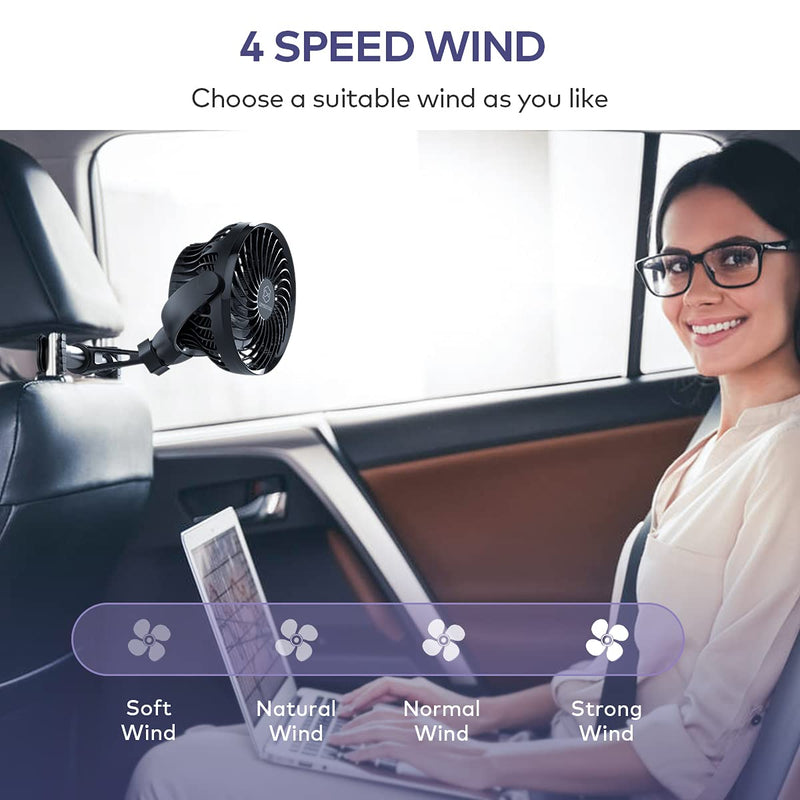 Retractable Portable Car Fans with 4 Speeds for Headrest and Rear Seat, Small Cooling Vehicle Air Fan, Quiet Operation, Rechargeable, Battery Operated,360 Degree Rotatable USB Fan for Baby, Puppy, SUV Black-Retractable