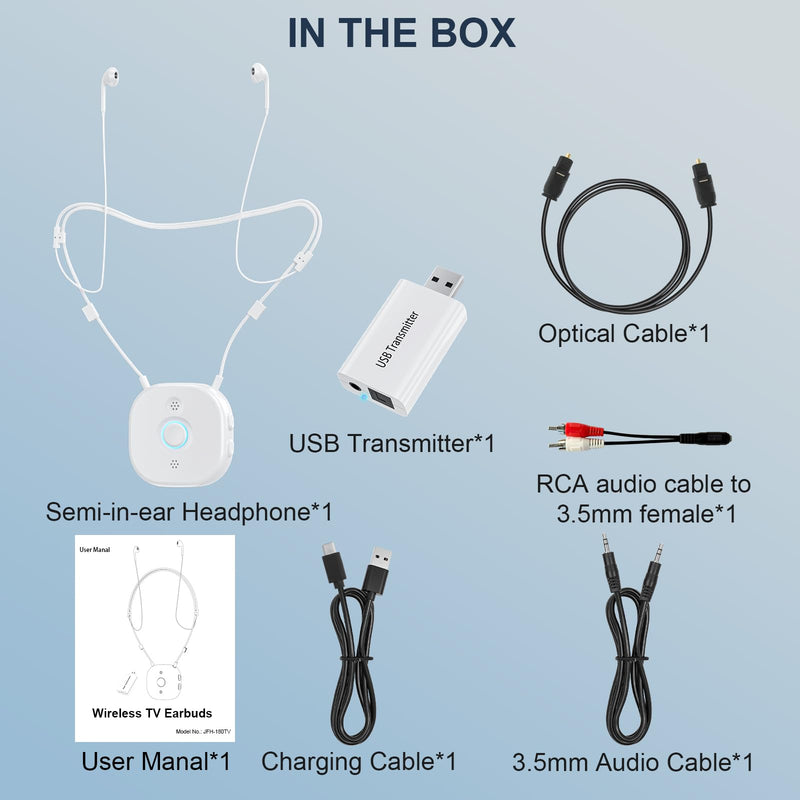 Neckband Earbuds with Independent L/R Volume Control, AptX LL, 100 ft Range, Large Buttons TV Headphones Wireless for Seniors Hearing, Semi-In-Ear Headphones Compatible USB/Optical/RCA/3.5mm Audio Out