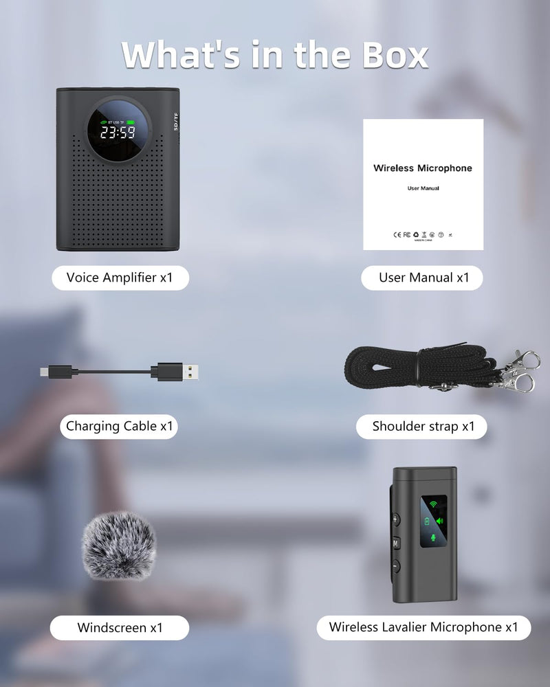 [AUSTRALIA] - Rechargeable Voice Amplifier Wireless Microphone for Teachers Classroom, Mini Lavalier Lapel Mic Clip Magnetic, Portable Bluetooth Speaker with LED Display for Class, Tour Guide, Coaches, Black Amplifier + 1 MIC 