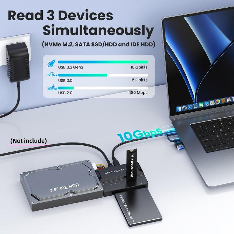 cablecc USB 3.0 USB-C Type-C to NVME M-Key M.2 NGFF & SATA 2.5 3.5 Inch & IDE 40Pin SSD Docking Vertical External PCBA Case Enclosure (Need 12V/3A Power Supply) SFF-8482+NVME+IDE with power supply
