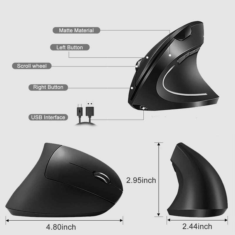 Vassink Wireless Mouse Ergonomic Mouse Rechargeable Vertical Optical Mice with USB Receiver, 6 Buttons 2.4GHz Adjustable DPI 800/1200/1600 for PC Computer,Laptop,etc（Black） Black2