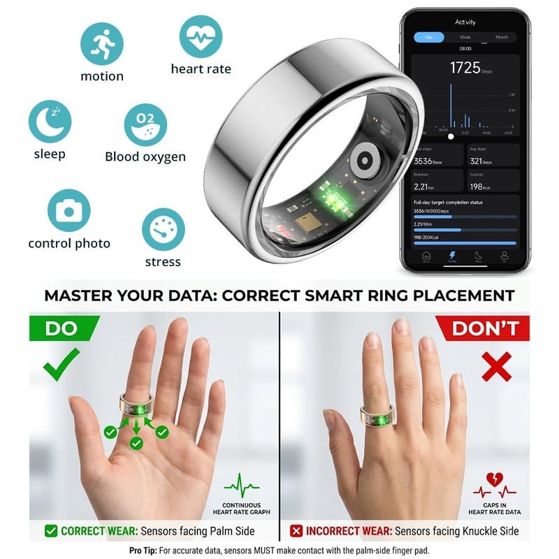 COLMI R02 Smart Ring, Smart Ring for Women and Men, with a Charging Case, Supports Heart Rate, Blood Oxygen, Sleep Health Monitoring, No Subscription Fee. (Silver, 8#)