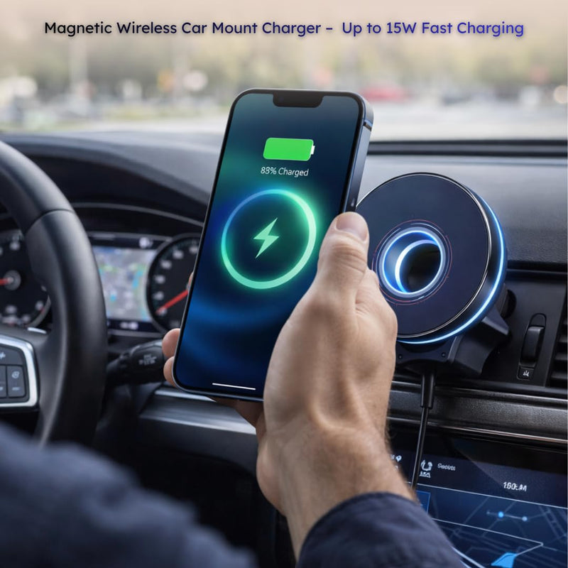 MagLock Plus Magnetic Wireless Car Mount Charger 15W, Phone Holder for Your Car with Fast Charging, 360° Rotation, Vent & Dashboard Mount, USB-C, Compatible with iPhone 11–17 Series