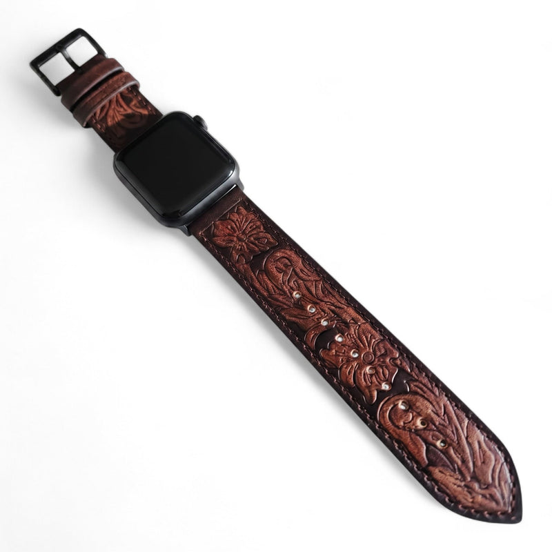 Tooled Leather Band Compatible with Apple Watch Ultra 3 2 1 & Series 11/10/9-3 SE, 3D Floral Western Strap for Men Women Antique Walnut / Black 44/45/46/49mm Ultra/42mm(S 1/2/3)
