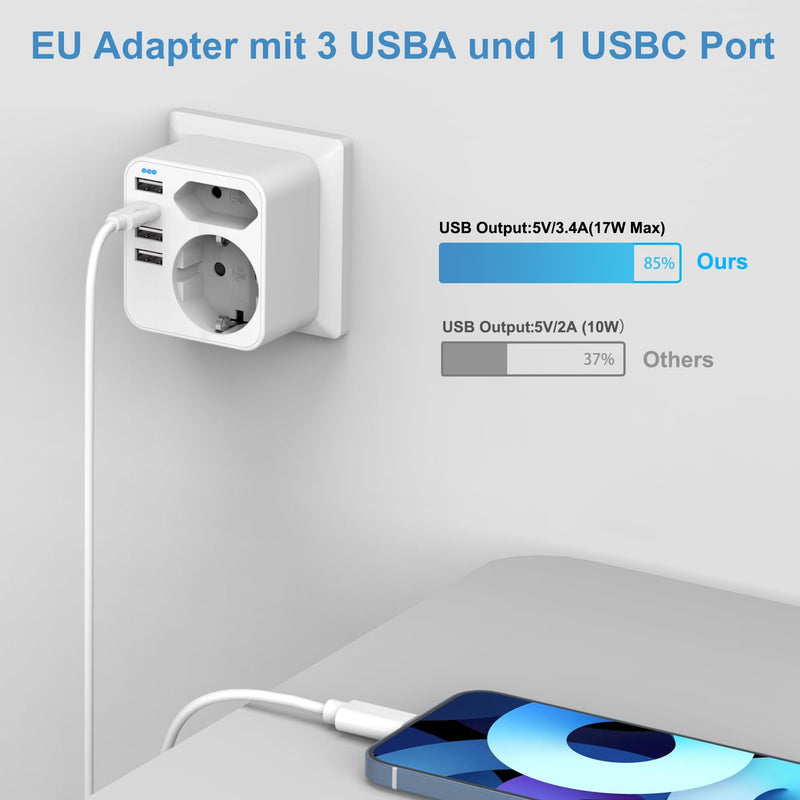 Multiple Socket with 4 USB Power Plugs, Double Plug for USB Socket, Multiple Plug for USB Socket and USB C Adapter, Wall Charger, Power Strip (White) White