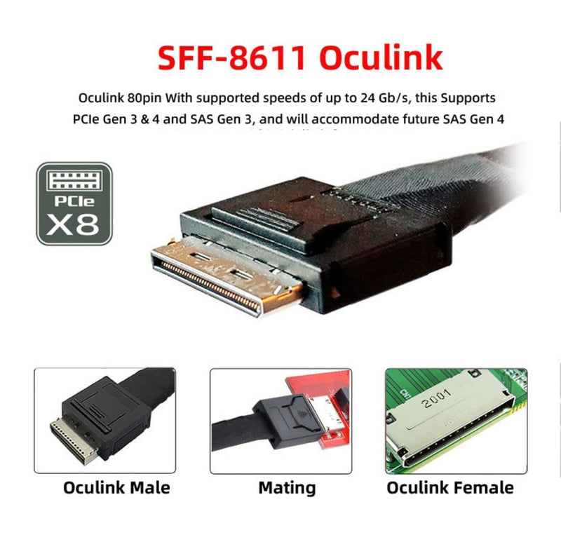 Chenyang SFF-8611 to SFF-8639 Cable,OCuLink PCIe PCI-Express SFF-8611 8X 8-Lane to 2 SFF-8639 U.2 4X SSD Data Active Cable 50cm Oculink 8X to Dual SFF-8639