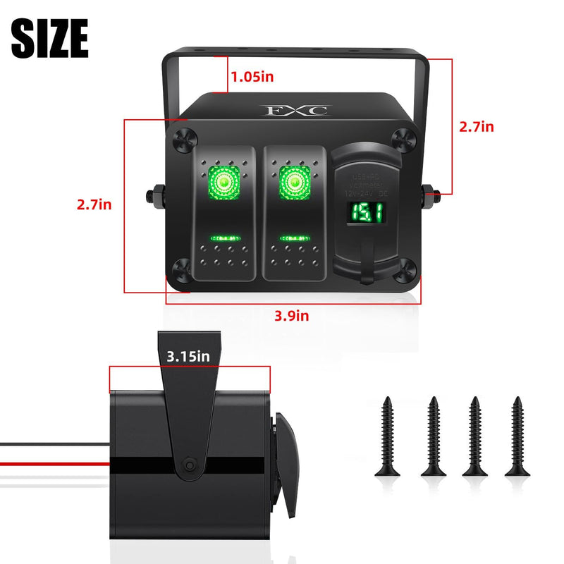 FXC 2 Gang Aluminum Rocker Switch Panel Green Backlit with PD Type C and QC 3.0 USB Charger Voltmeter Waterproof 12V 24V DC Rocker Switch Box for Car Trucks Boats RVs 2 Gang Green