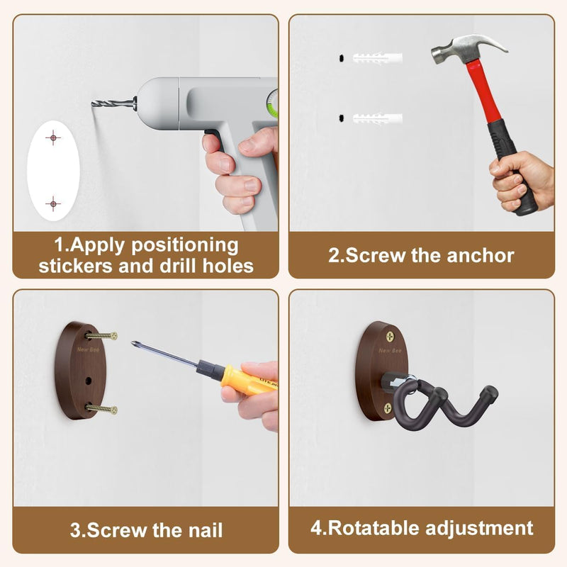 New bee Guitar Wall Mount, Guitar Hanger Wall Hook Holder Stand Bracket with Screw Fits All Size Ukulele Bass Mandolin Banjo 3PCS Brown