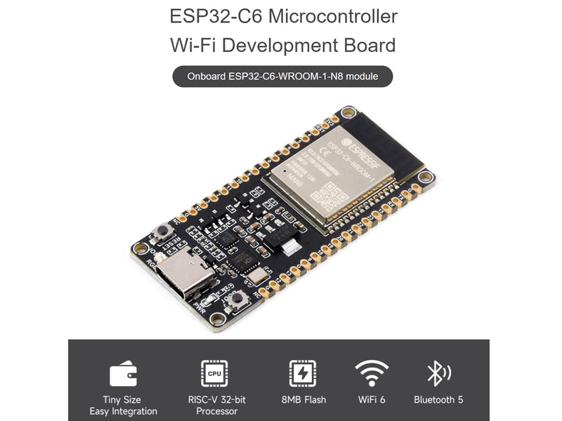 ESP32-C6 Microcontroller WiFi 6 Development Board ESP32-C6-WROOM-1-N8 Module with RISC-V 32-bit Sngle-core Processor, WiFi 6+Bluetooth 5+IEEE 802.15.4 Wireless Communication