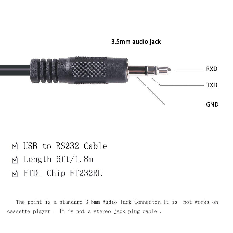 6FT DB9 9 Pin to RS232 3.5mm Audio Jack Serial Adapter Cable FTDI Chip DB9-RS232-AJ