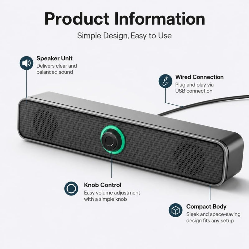 USB Computer Speaker Long Strip Wired Desktop Sound Bar with Knob Volume Control for Laptop PC Office Gaming Streaming Home, Black