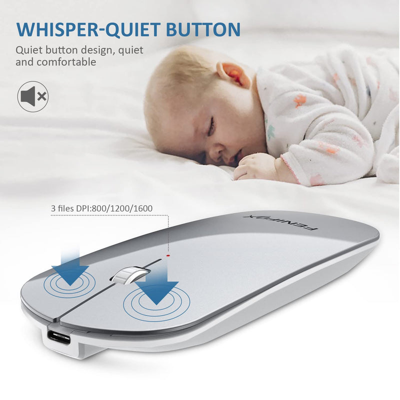 Bluetooth Mouse, FENIFOX Slim Mini Portable Flat Travel Wireless Mouse Rechargeable Quiet Ultra-Thin Mice Compatible with Laptop,Tablet,Notebook,PC (Silver and White) Silver