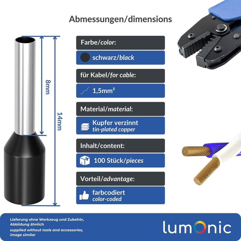 100x Insulated Bootlace Ferrules 1,5mm² / 8mm black ; Cable End Terminals 1,5mm²