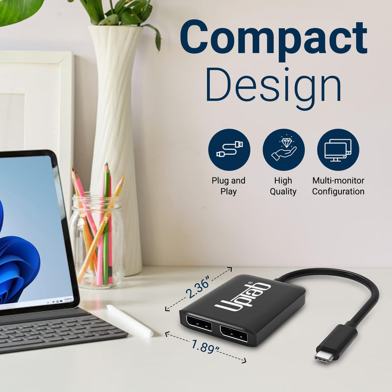 uptab USB-C to Dual DisplayPort Adapter Hub, 4K 60Hz MST Multi-Monitor | Plug-and-play, driver-free; requires TB3/TB4/USB4 or DP Alt Mode; extend or mirror 2 monitors; laptops, Chromebooks