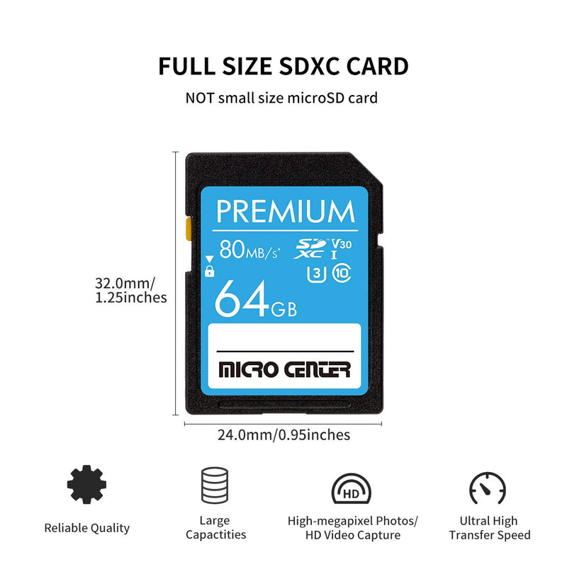 Premium 64GB SDXC Card from MicroCenter, Class 10 SD Flash Memory Card UHS-I C10 U3 V30 4K UHD Video R/W Speed up to 80/35 MB/s for Cameras Computers Trail Cams (64GB)