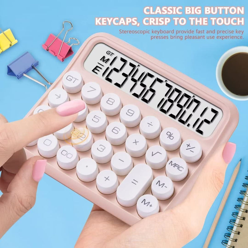 Mechanical Switch Calculator, Pink Calculator Cute 12 Digit Large LCD Display Big Button Calculator Clear Standard for Daily and Basic Office,Automatic Sleep,with Battery