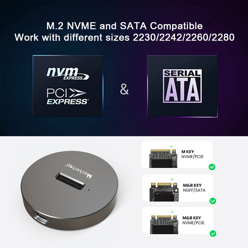 M.2 NVMe & SATA to USB C Docking Station, SSD Reader Adapter for 2280 2260 2242 2230 Enclosure, Fits Both M.2 (M Key, B+M Key) NVMe and SATA NGFF SSDs Aluminum Alloy Silver