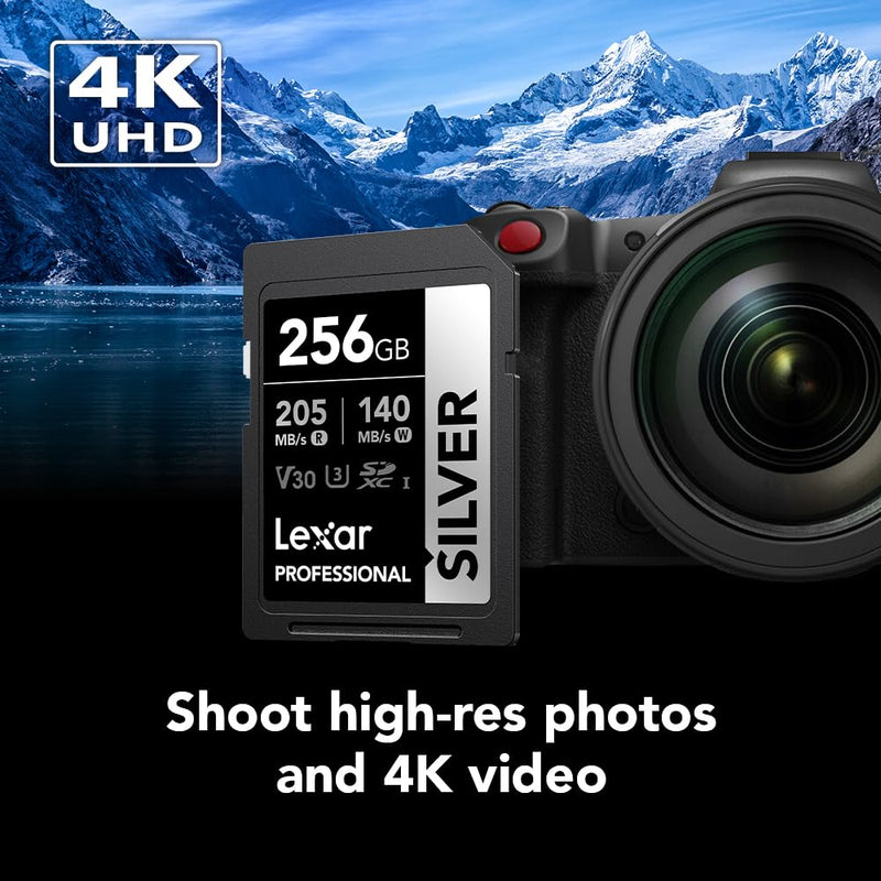 Lexar 256GB Professional Silver SDXC Memory Card, UHS-I, C10, U3, V30, 4K Video, Up to 205/140 MB/s Read/Write, for Professional Photographer, Videographer, Enthusiast (LSDSILV256G-BNNNU)