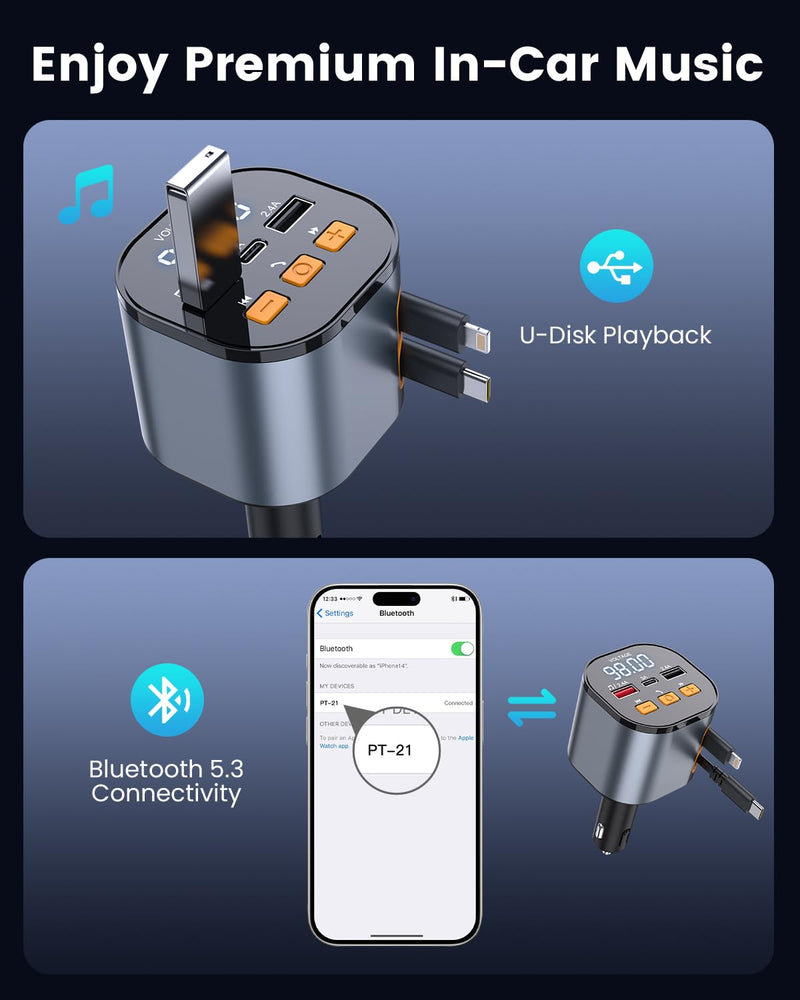 [AUSTRALIA] - [2025 Upgraded] 81W Retractable PD Car Charger with Bluetooth 5.3, FM Transmitter, Hands-Free Calling, MP3 Player, USB & LED Display – USB-C Bluetooth Adapter for All Phones 