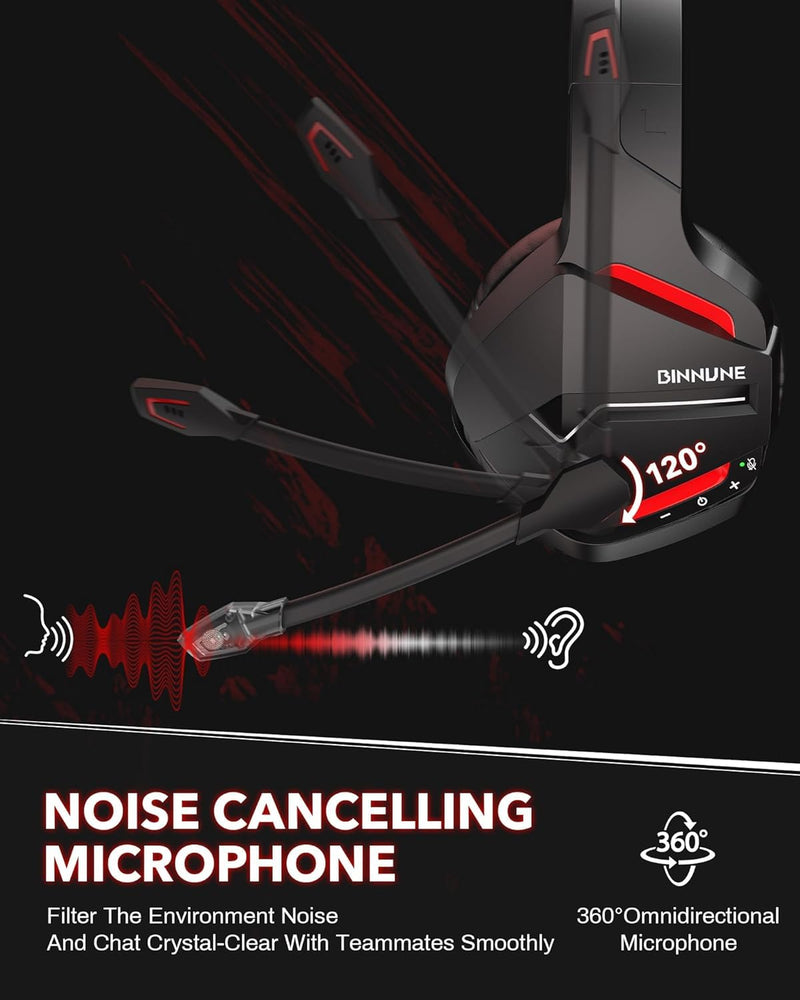 BINNUNE Wireless Gaming Headset for PS5 PC, 120H Ultra-Long Battery, 2.4GHz & Bluetooth 5.3 Wireless Headphones with Noise Canceling Mic, 50mm Drivers, Comfort Over Ear Headphones, Black
