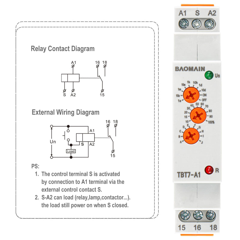 Baomain Multi-Function Time Relay, 16A SPDT 10-Functions, DIN Rail Mounting Timer Relay TBT7-A1 (1-SPDT, 12-240VAC/DC)