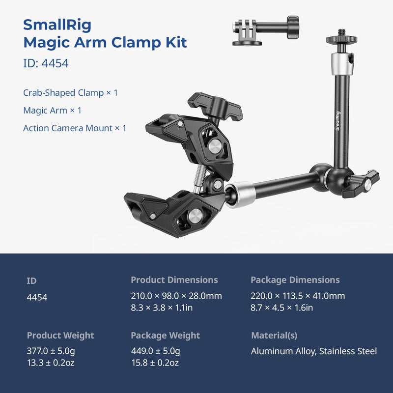SMALLRIG Magic Arm Clamp Kit, Camera Mount Articulating Friction Arm w Super Clamp, w 1/4"-20 Screw and Thread hole, for Camera, Light, Monitor, Webcam or Action Camera ≤1.5kg, for Table, Tube 4454
