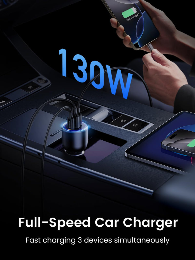 UGREEN 130W USB C Car Charger with Cable, Type C Cigarette Lighter Adapter | 2 USB-C 1 USB-A, Compatible with iPhone 17 Air 17 Pro 17 Pro Max 16 15 14 13 12, Galaxy S25 S24 S23 Ultra, iPad, MacBook Normal