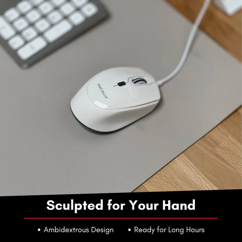 Macally USB Wired Mouse for Mac or PC - Comfortable, Smooth, and Quiet - White USB Mouse Wired with 5ft Cable and 4 DPI - Plug and Play Corded Computer Mouse for Laptop or Office Desktop - White