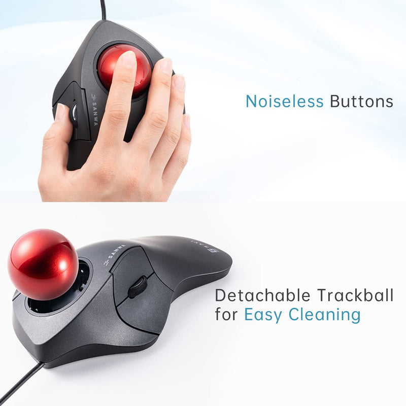 SANWA Wired Trackball Mouse, Index Finger Roller Ball Mouse for Large Hands | Silent Click, Programmable with Software, Mouse with Ball 44mm, Ergonomic, 600/800/1200/1600 DPI, Compatible Win, Mac, PC