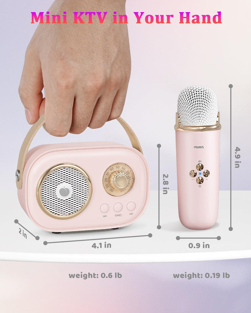 PRUNUS Mini Karaoke Machine for Kids&Adults,Portable Bluetooth Speaker with 2 Wireless Microphones and Stereo Sound Enhanced Bass,Toys for Girl 6 7 8 9 10 11 12 Years Old Home Party Birthday-Pink Pink-2 Mic