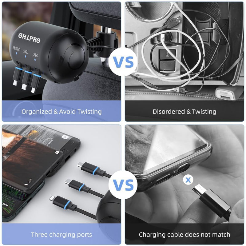 OHLPRO Multi Car Retractable Backseat 3 in 1 Car Charging Station Box Compatible with All Phones | iPhone | Samsung | Uber Taxi Lyft Turo Ride Share Customer Charging Dock Attach to Headrest Car Adapter | 3-IN-1 Charging Station