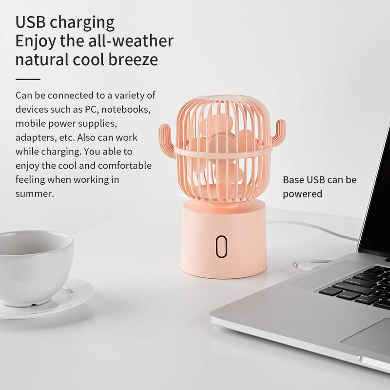 Small Desktop USB Table Desk Fan Personal Fan, Cactus Mini Handheld Rechargeable 80 Degree Auto Rotation Portable Fans, 3 Speeds Strong Wind, Quiet Operation Fan for Girls Baby Room Home Office Pink