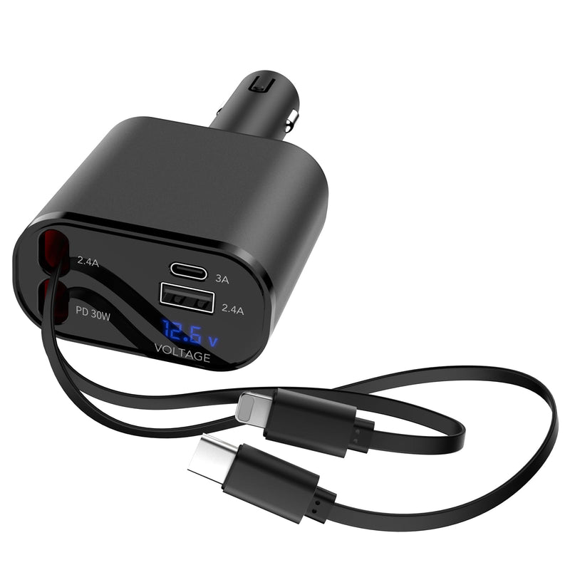 Retractable Car Charger, 4 in 1 Fast Charging Car Charger 60W, Retractable Cable and 2 USB Ports Car Charger Adapter Compatible with iPhone 15 14 13 12 11 Pro Max, Galaxy S23, Pixel Car Charger Type C+Lightning-CL B