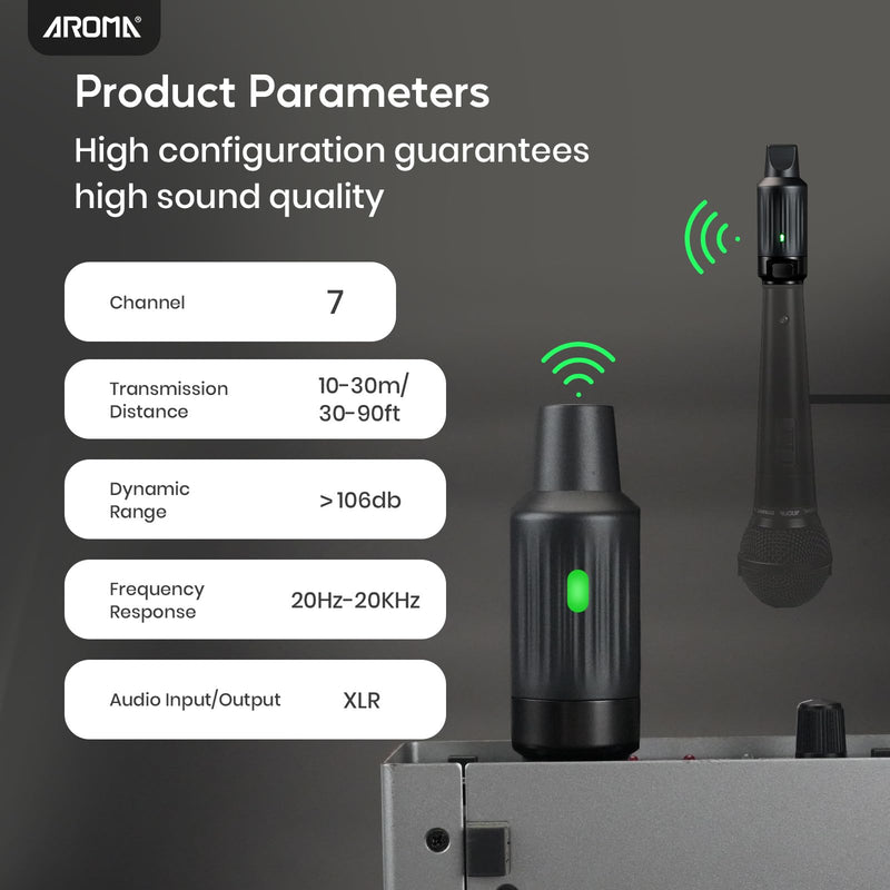 AROMA Wireless XLR Transmitter Receiver, UHF Wireless Microphone Audio System for Dynamic Mics PA Mixer