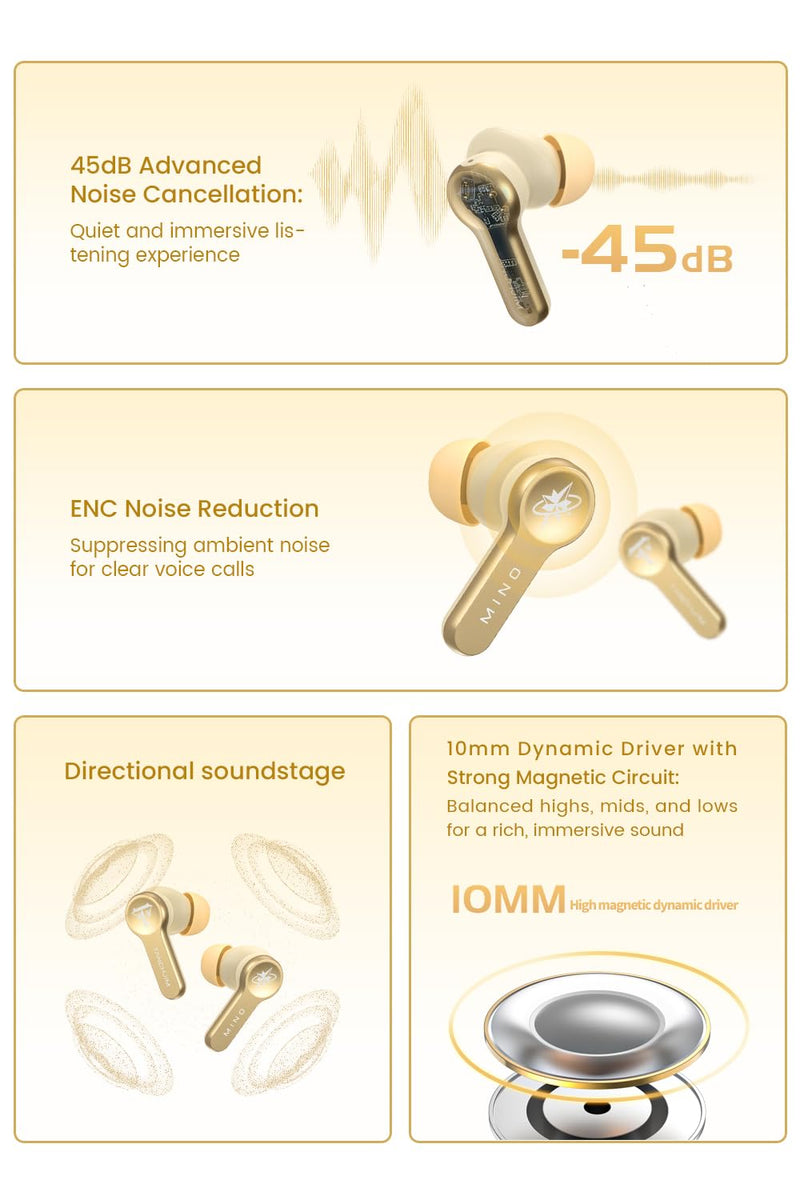 MINO ASANO Tench Active Noise Canceling Wireless Earbuds, HiFi Sound Quality ENC Gaming Earphones, Bluetooth 5.3 Instant Connection Lightweight IPX4 in-Ear Headphone Up to 37 Hours Playback