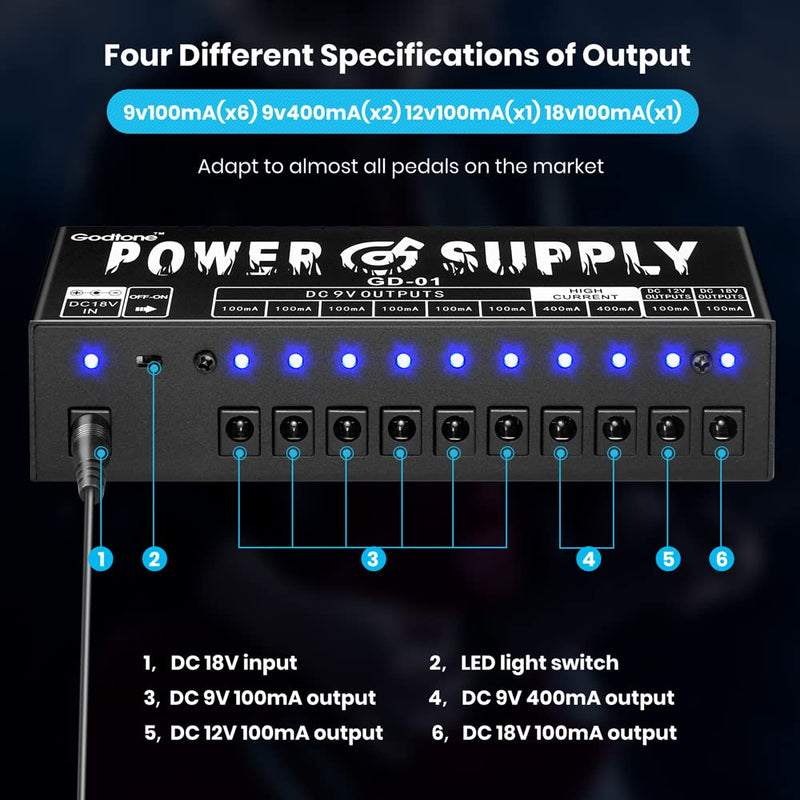 Guitar Pedal Power Supply 10 Isolated DC Outputs for 9V/12V/18V Guitar Effect Pedal GD-01
