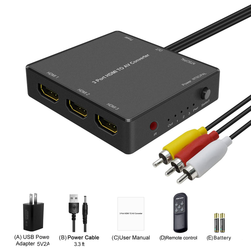 [AUSTRALIA] - Dingsun 3 Port HDMI to RCA Converter HDMI to Older TV AV Adapter for Fire Stick, Roku, PS4, Appler TV, HD Play, PC, DVD Players etc. 3Port HDMI to RCA Converyter 