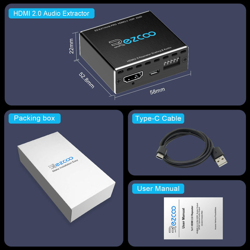 [AUSTRALIA] - HDMI Splitter 1x1 Audio Extractor 4K 60Hz Atmos CEC EDID/Down-Scale/HDCP Switch Fit Various Video- SPDIF 5.1CH Optical Toslink,Stereo Audio Breakout, HDMI Repeater Digital De-embedder Decoder EX11PRO HDMI 2.0 Audio Extractor 