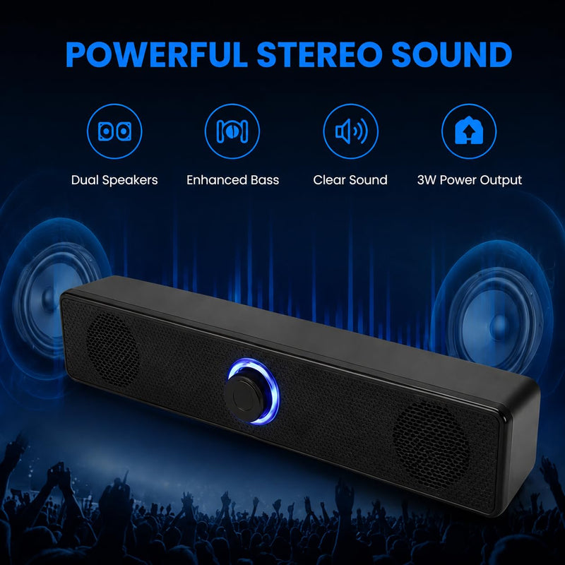 Computer Speakers USB Powered Wired Stereo with Illuminated Volume Knob and 3.5mm Aux Plug for PC Desktop Laptop Office with Clear Audio Easy Setup and Portable Design Black