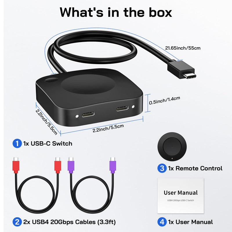 Caniifoto 20Gbps USB C Switch for 2 Computers, USBC Switcher,2 USB-C Cables | USB-C Switch, Support 8K@60Hz 4K@120Hz Video, 20Gbps Data Transfer, 140W Charging, Compatible with USB-C/Thunderbolt 4 Device