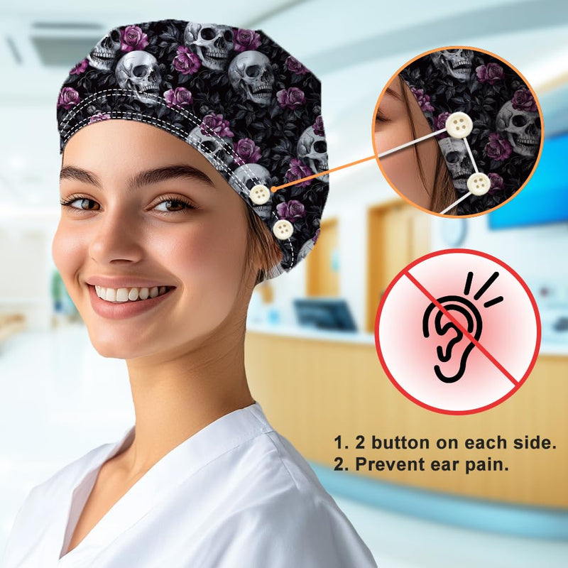DELORIGIN Bouffant Hats with Skull and Rose Motif, Adjustable Work Cap, Cotton, for Nurses, Doctors and Surgery Hat with Button and Sweatband for Nurses and Cooking Skull Rose