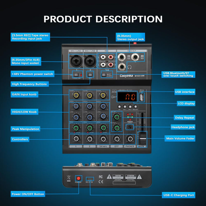 Dj Mixer, Audio Mixer for PC 4 Channel Bluetooth Sound Board with USB Interface, Cooyinka Mixer Audio Built-in 48V Phantom Power Sound Card for Live Streaming, Podcasting/Black