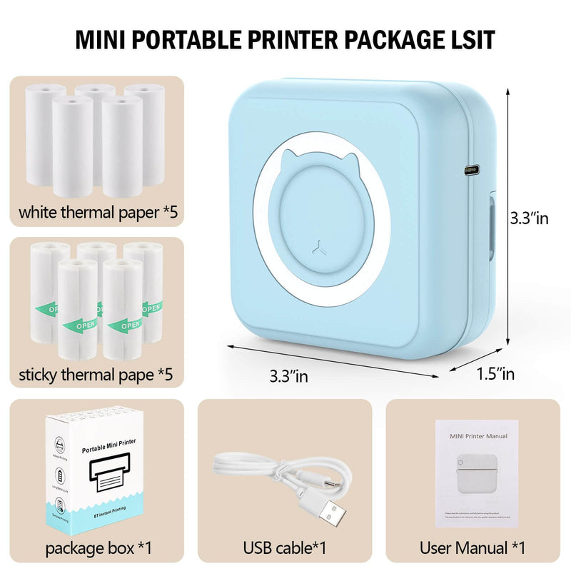 Pocket Printer for iPhone/Android, Wireless Mini Sticker Printer with 10 Rolls Thermal Paper, Blue-Tooth Thermal Mini Printer Portable for Notes Journal Memo Photo Study, Blue