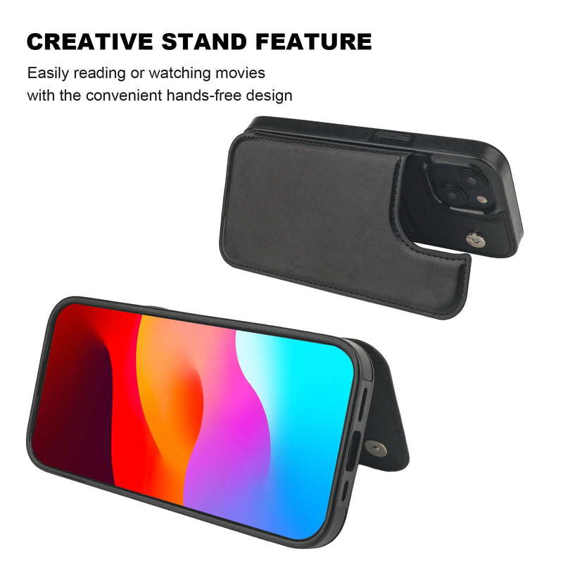 Compatible with iPhone 15 Wallet Case with Card Holder, PU Leather Kickstand Card Slots Case, Double Magnetic Clasp and Durable Shockproof Cover 6.1 Inch (Black) Black